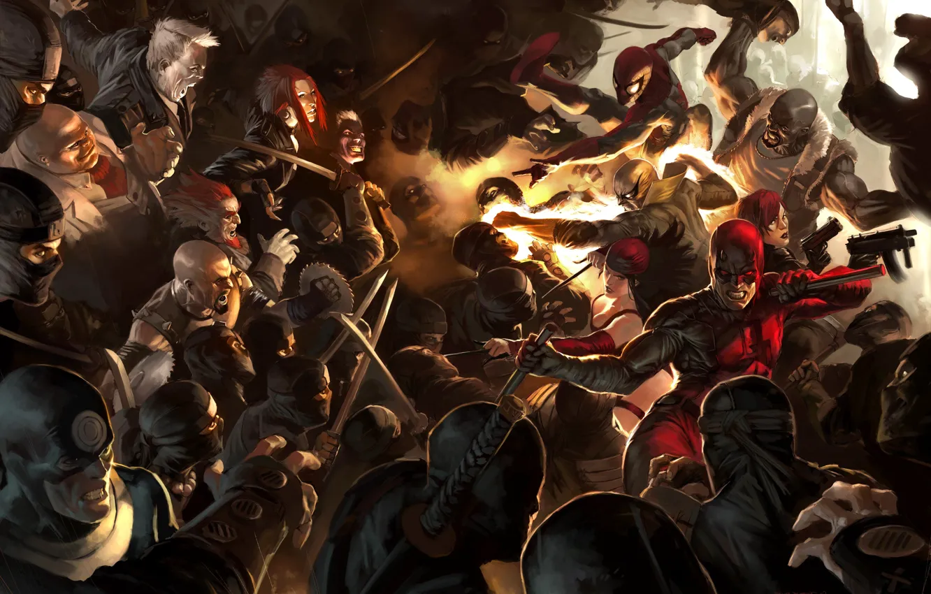 Photo wallpaper Marvel, Owl, Spider-man, ninja, Daredevil, Black Widow, Daredevil, Black widow