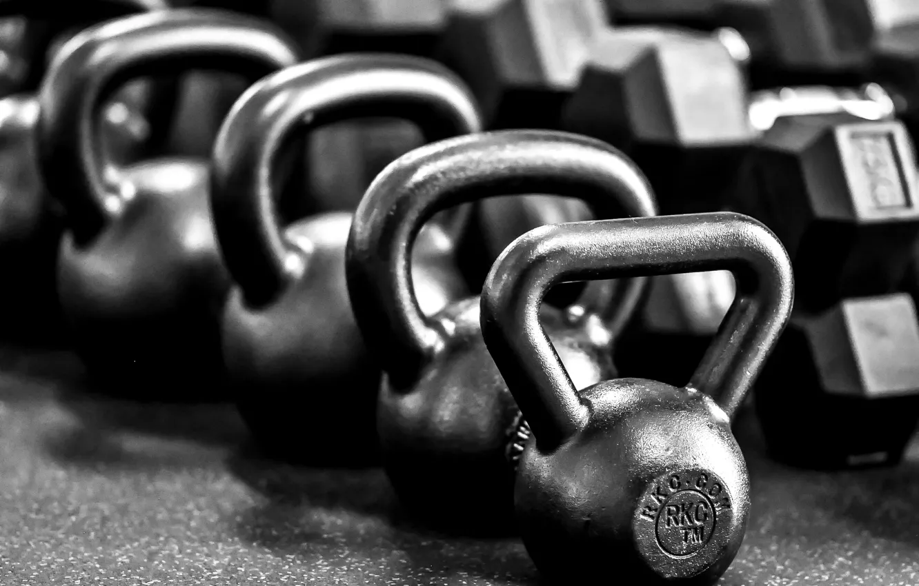 Photo wallpaper metal, black and white, gym, Russian dumbbells