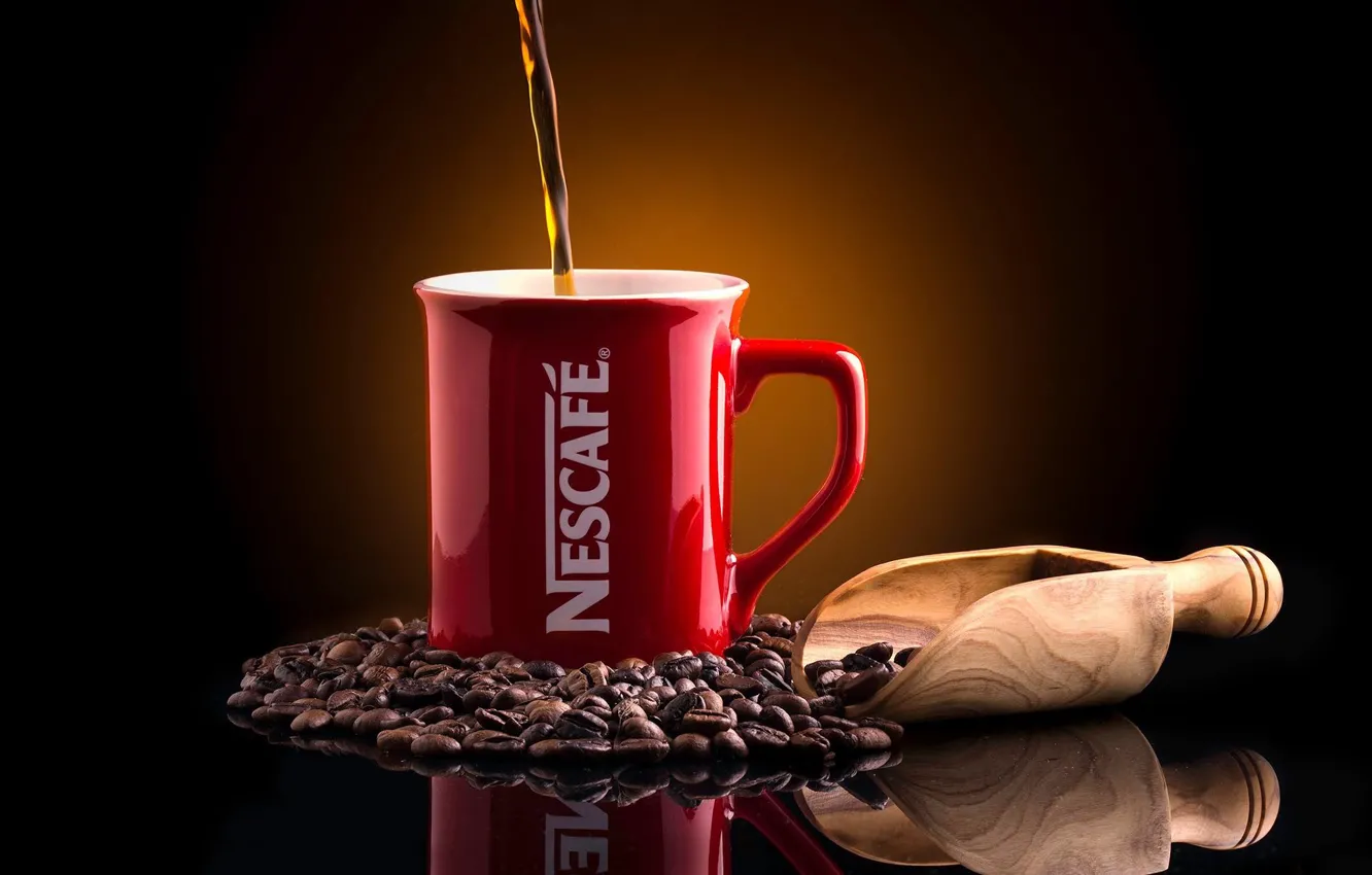 Photo wallpaper reflection, background, coffee, mug, coffee beans, scoop, Nescafé