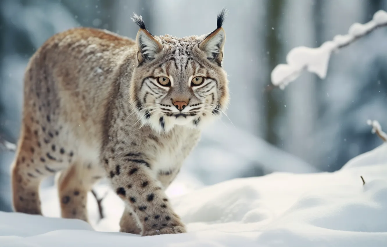 Photo wallpaper winter, look, snow, nature, pose, lynx, face, AI art