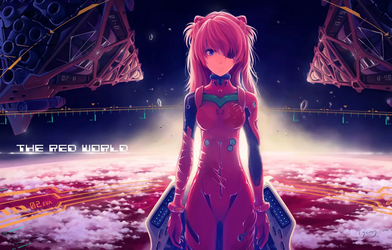 Photo wallpaper space, clouds, space, protective suit, Evangelion, EVA, Asuka Langley Soryu, clouds