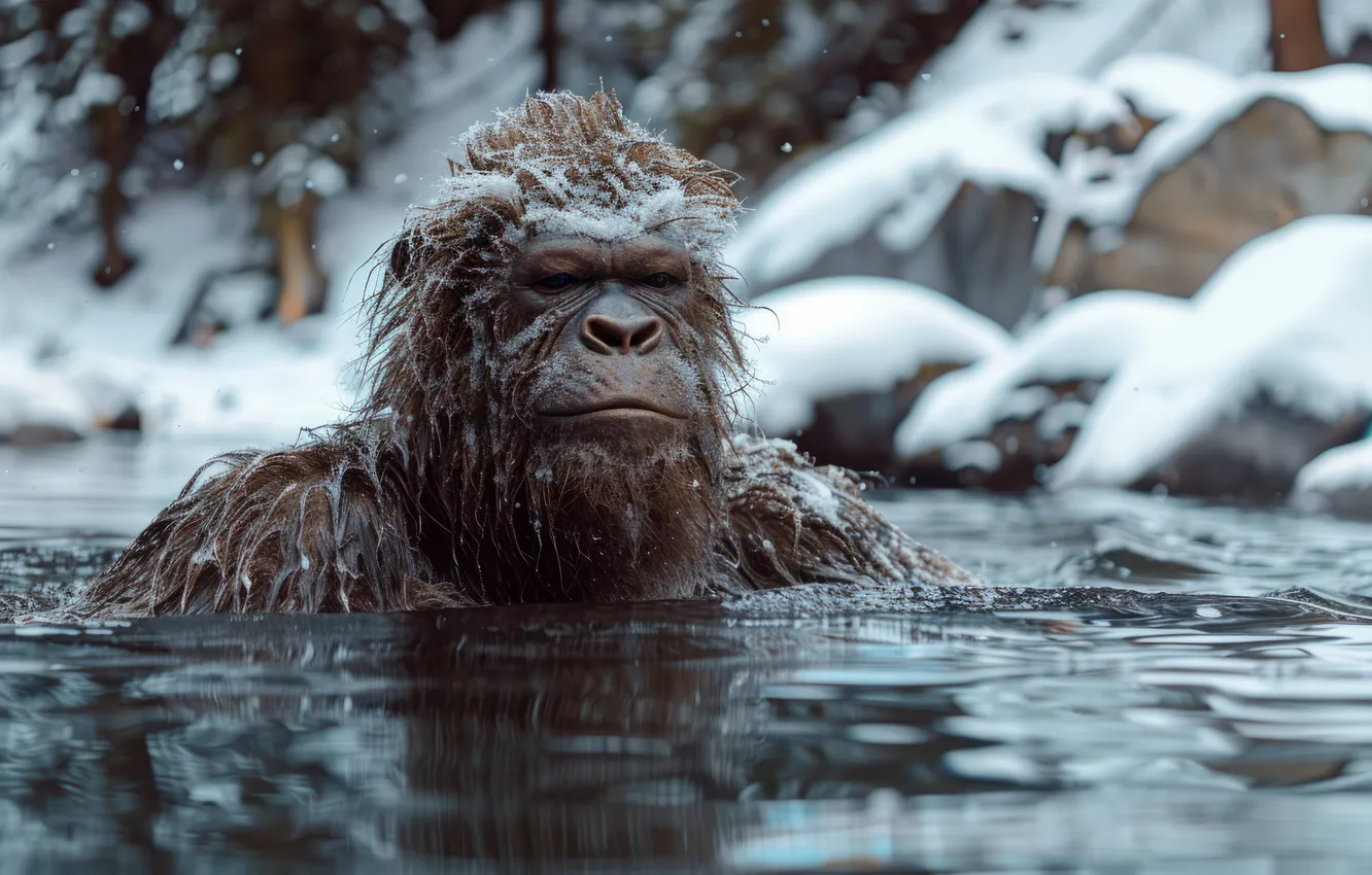 Photo wallpaper face, water, being, Yeti, Bigfoot, digital art, Bigfoot, AI art