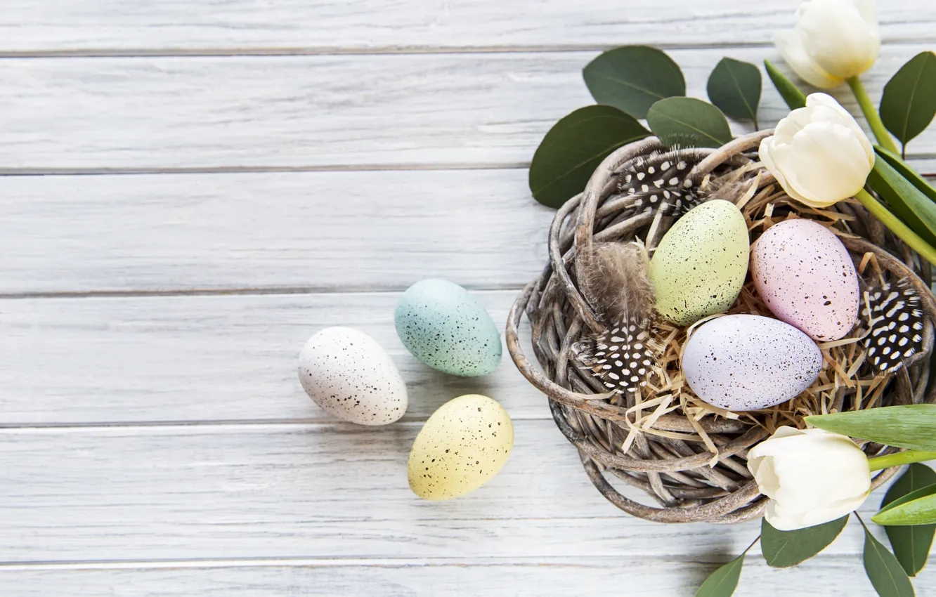 Photo wallpaper flowers, eggs, spring, colorful, Easter, tulips, wood, flowers