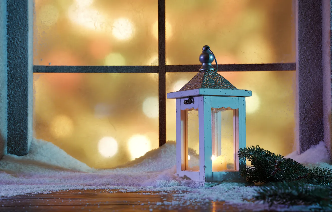 Photo wallpaper winter, snow, decoration, new year, window, Christmas, lights, Christmas