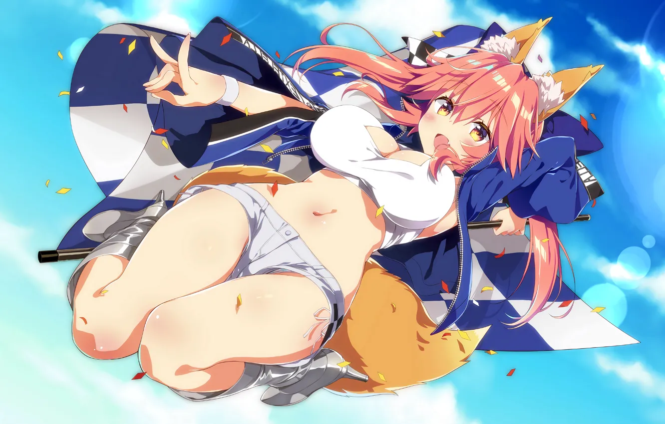 Photo wallpaper girl, sexy, cleavage, shorts, blouse, pink hair, long hair, boobs