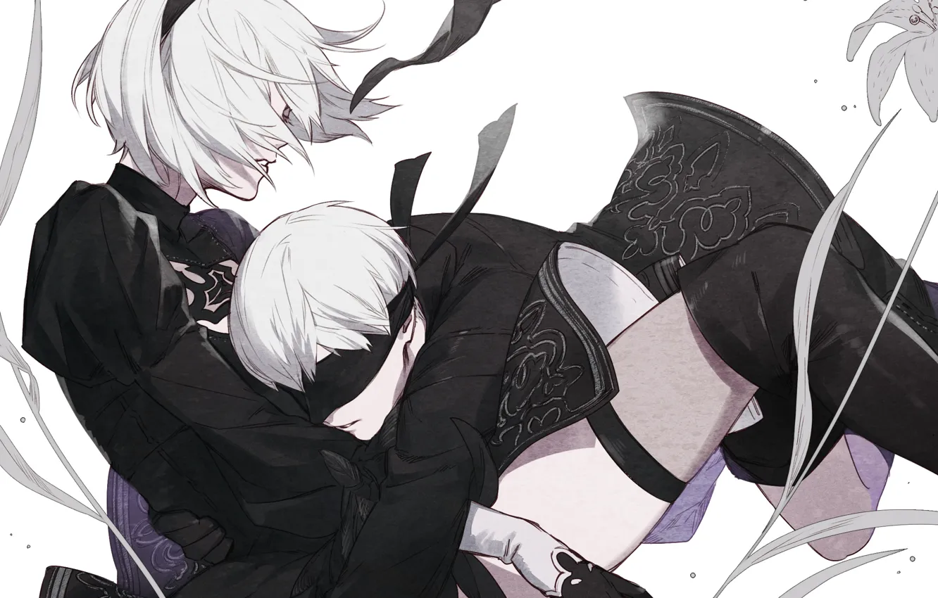 Photo wallpaper stockings, hugs, gloves, eye patch, art, black suit, a pair of lovers, yorha unit no. …