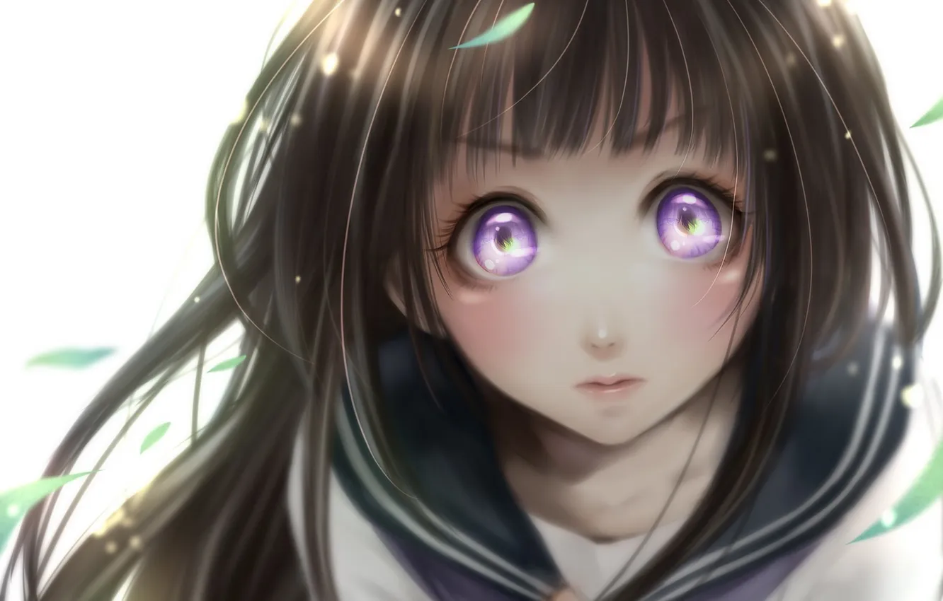 Photo wallpaper eyes, leaves, girl, anime, art, form, schoolgirl, hyouk