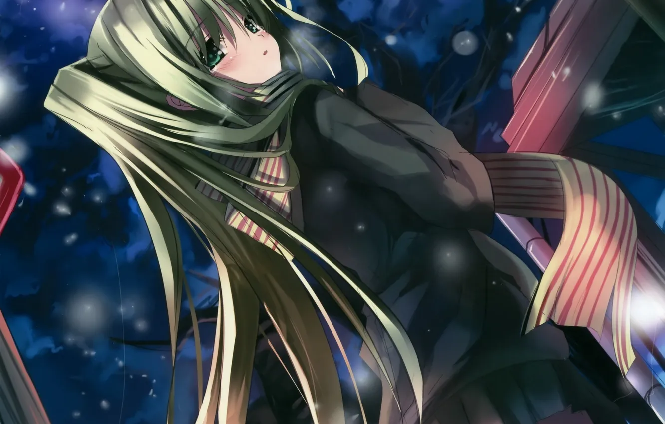 Photo wallpaper cold, winter, the sky, girl, clouds, snow, night, scarf