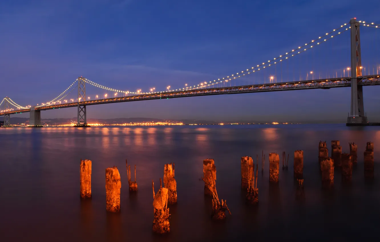 Photo wallpaper water, night, bridge, lights, panorama, San Francisco, Bay-bridge