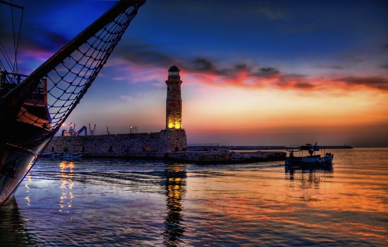 Photo wallpaper sea, lighthouse, boats, the evening, pierce