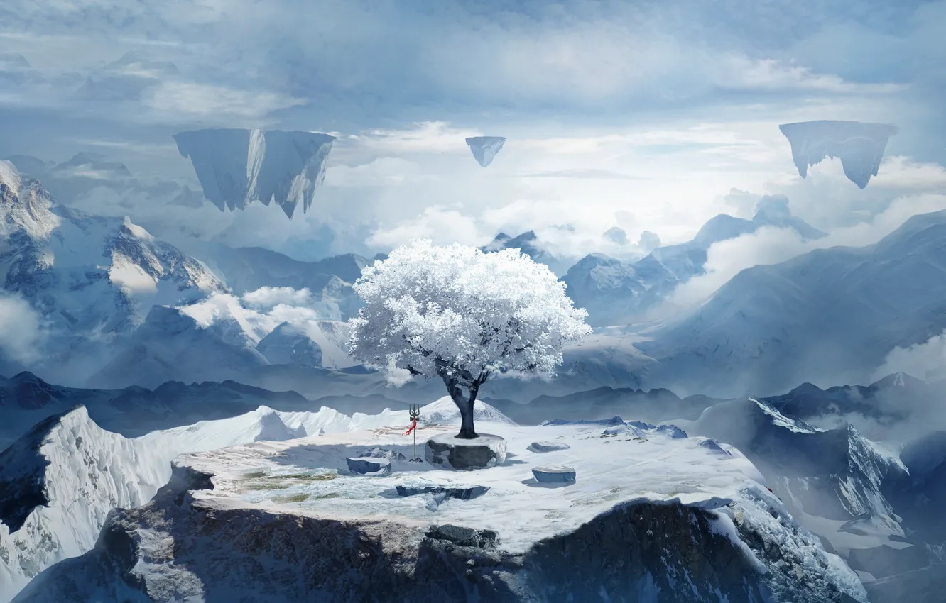 Photo wallpaper The sky, Winter, Tree, Mountains, Snow, Landscape, Art, Fiction