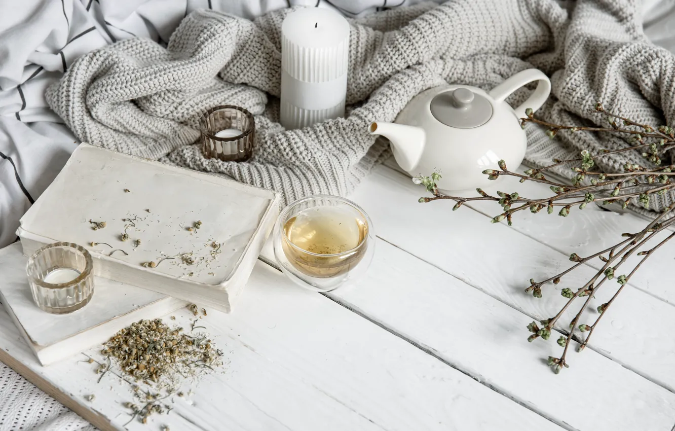 Photo wallpaper flowers, branches, comfort, heat, tea, Board, chamomile, bouquet