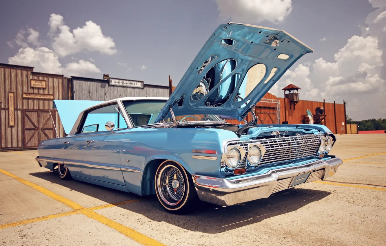 Photo wallpaper style, Chevrolet, the hood, day, lowrider, Chevrolet, usa, impala