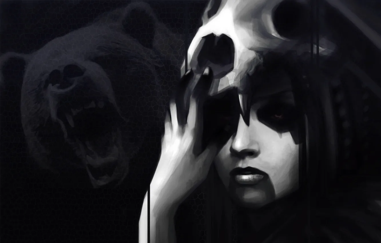 Photo wallpaper skull, Girl, bear