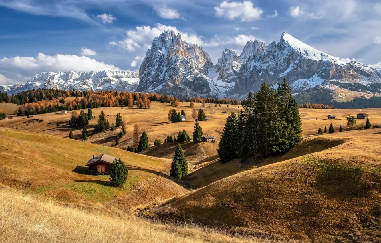 Photo wallpaper mountains, Italy, house, The Dolomites