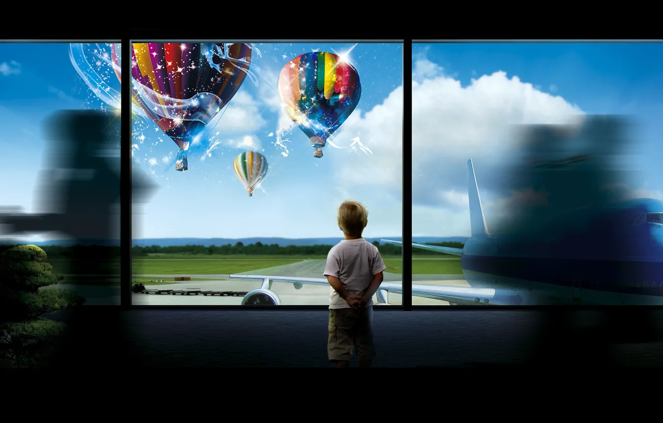 Photo wallpaper Windows, baby, the plane, the airfield, dispatch