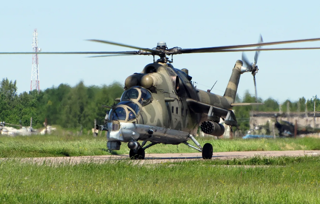 Photo wallpaper grass, crocodile, helicopter, the airfield, Mi-24, transport-combat