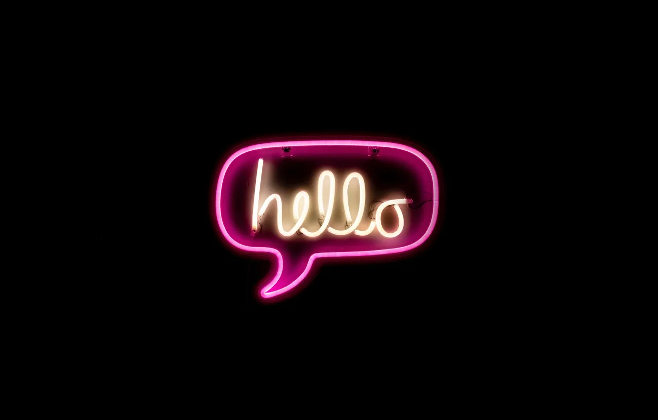 Photo wallpaper background, black, minimalism, neon, sign, words, hi, hello