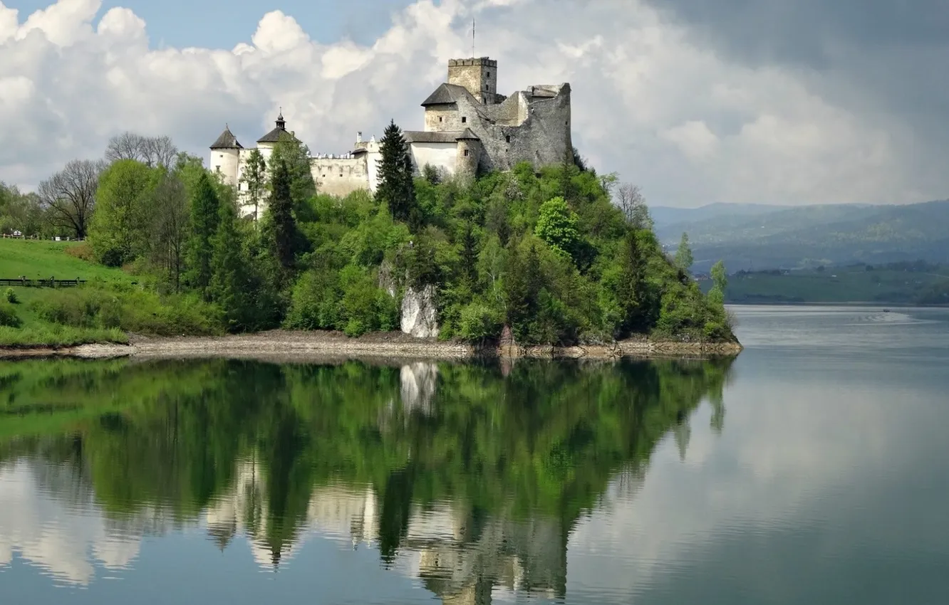 Photo wallpaper landscape, lake, castle, island, Poland, Niedzica Castle