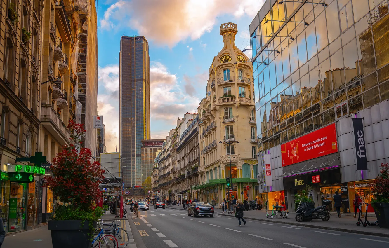 Photo wallpaper road, auto, the sky, people, street, France, Paris, skyscrapers