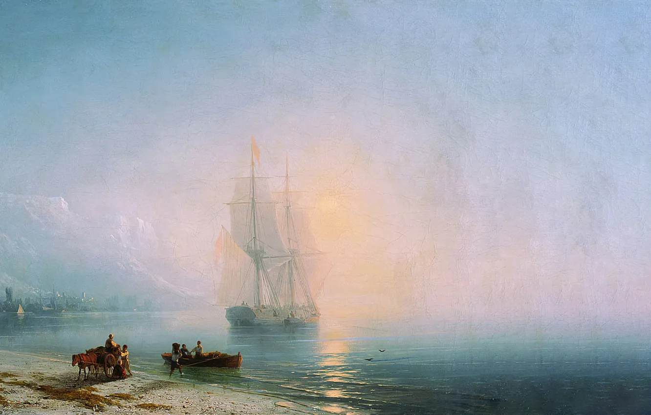 Photo wallpaper coast, people, ship