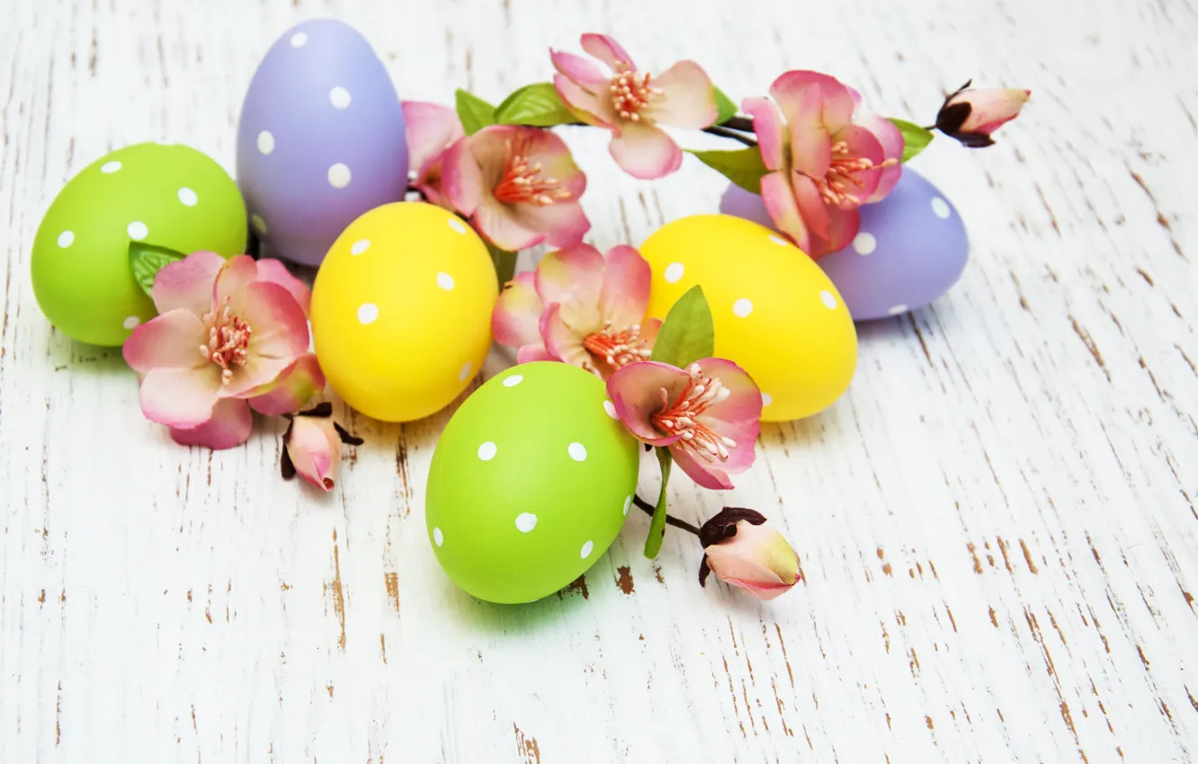 Photo wallpaper flowers, eggs, spring, colorful, Easter, wood, pink, blossom