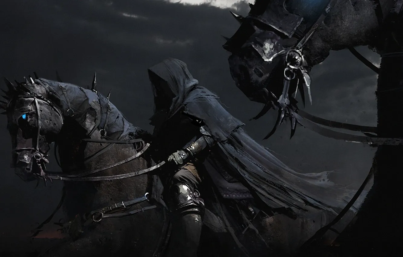 Photo wallpaper horse, black, rider, cloak