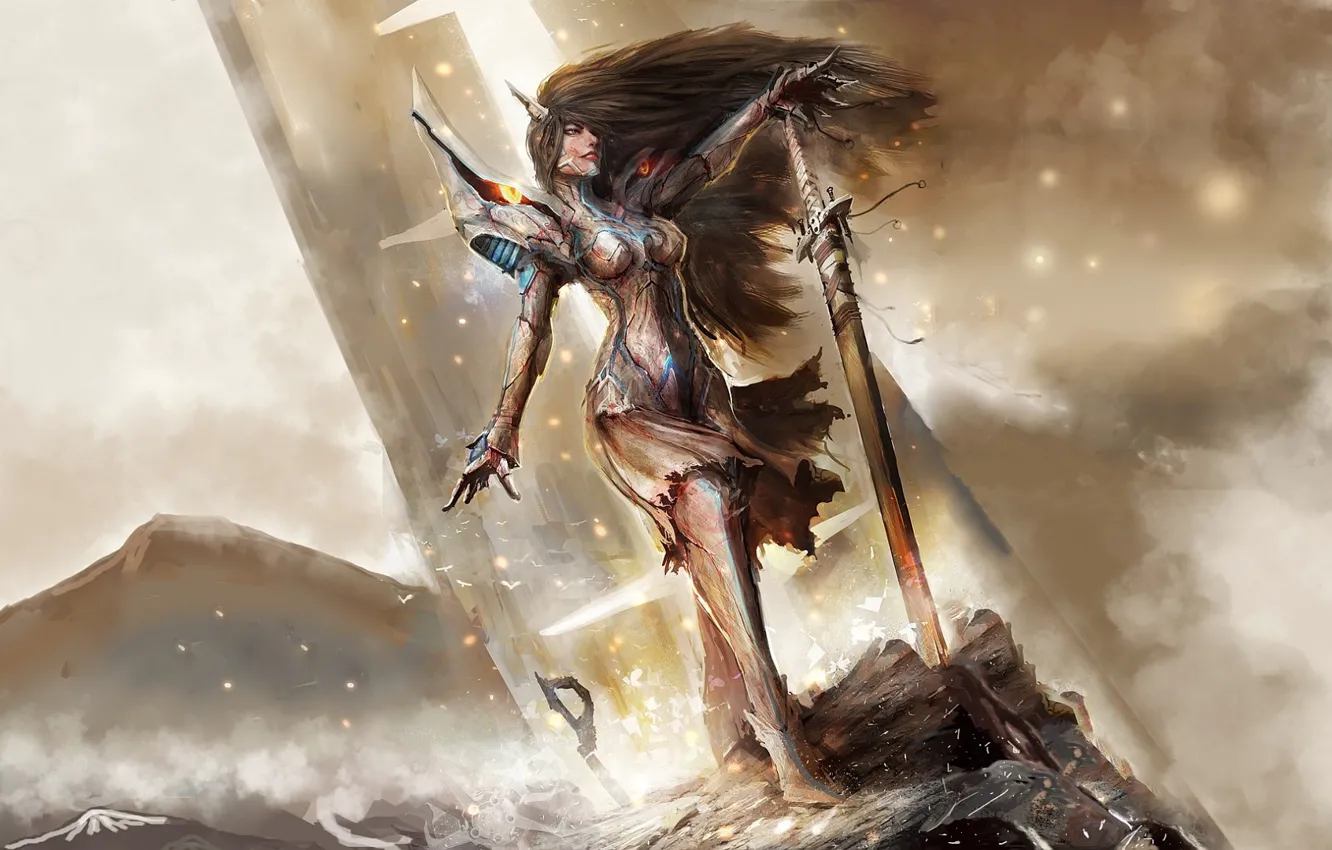 Photo wallpaper girl, sword, fantasy, armor, weapon, Warrior, blue eyes, brunette