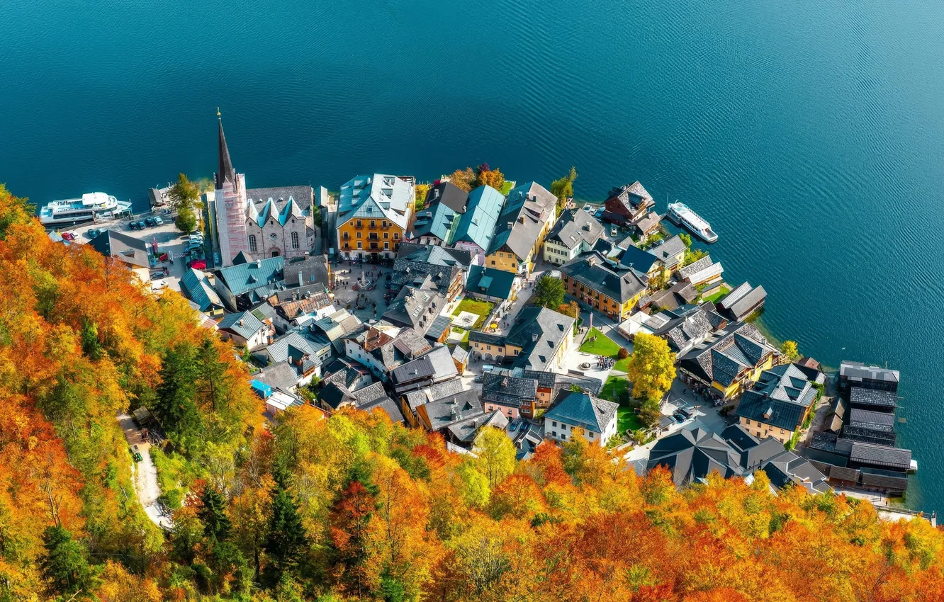 Photo wallpaper road, trees, autumn, lake, village, Austria, Hallstatt, aerial view