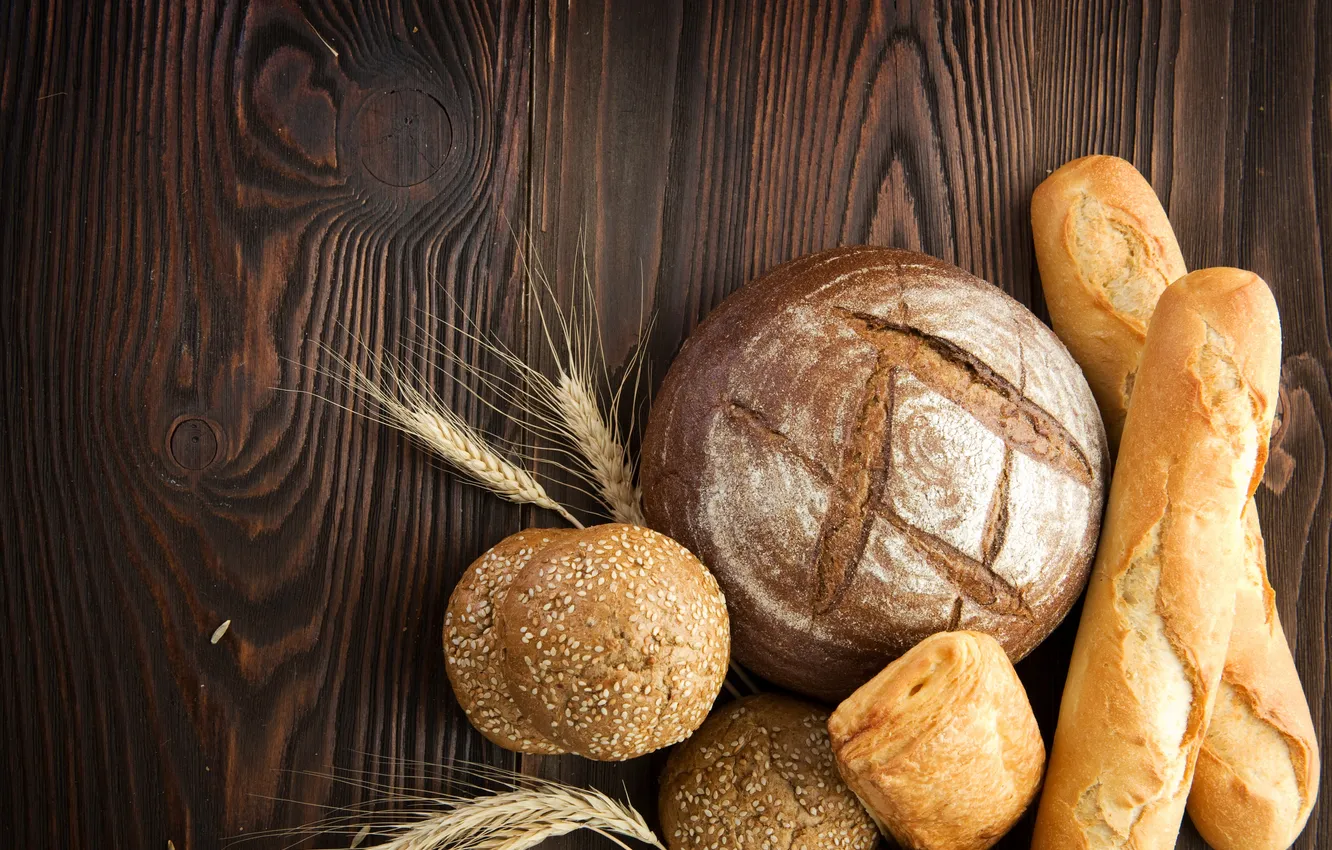 Photo wallpaper table, spikelets, bread, baguette, cakes, buns