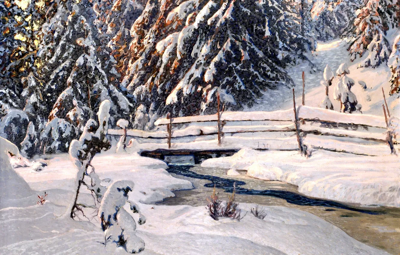 Photo wallpaper winter, snow, trees, landscape, bridge, river, tree, picture