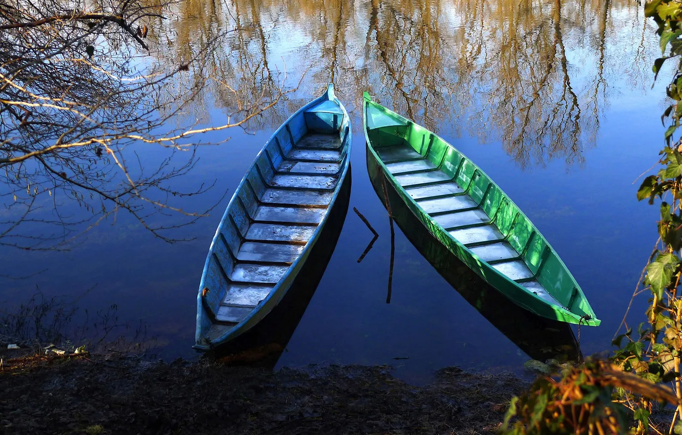 Photo wallpaper water, trees, lake, reflection, river, boats