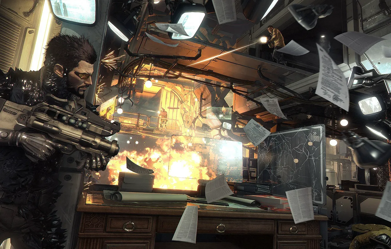 Photo wallpaper lights, shooting, cyberpunk, Square Enix, Adam Jensen, Adam Jensen, Eidos Montreal, Cyberpunk