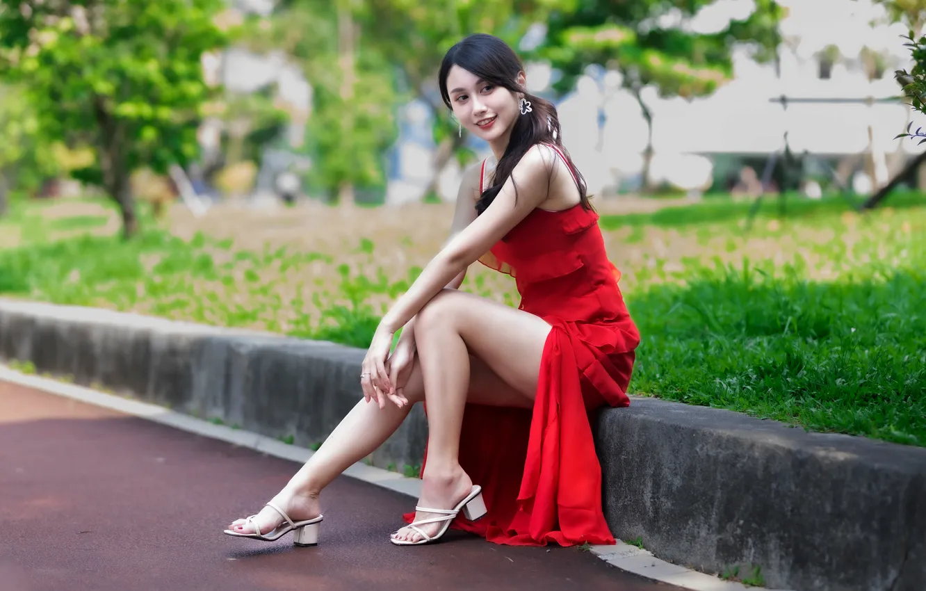 Photo wallpaper girl, dress, legs, Asian
