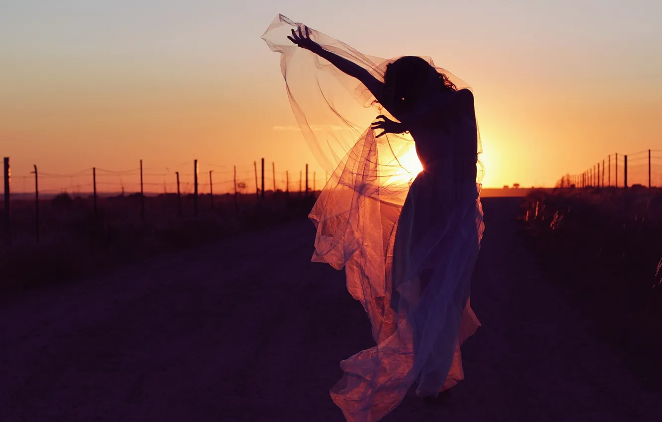 Photo wallpaper road, girl, sunset, mood
