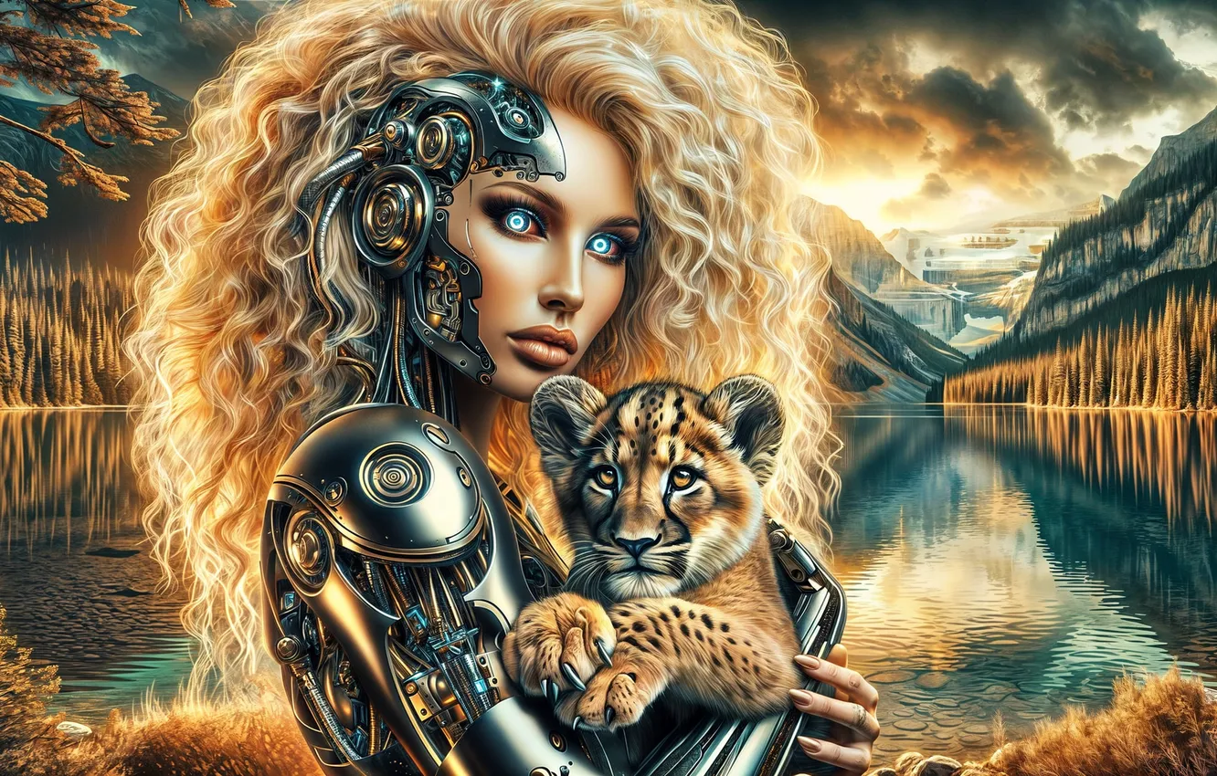 Photo wallpaper girl, fiction, cyborg, lion