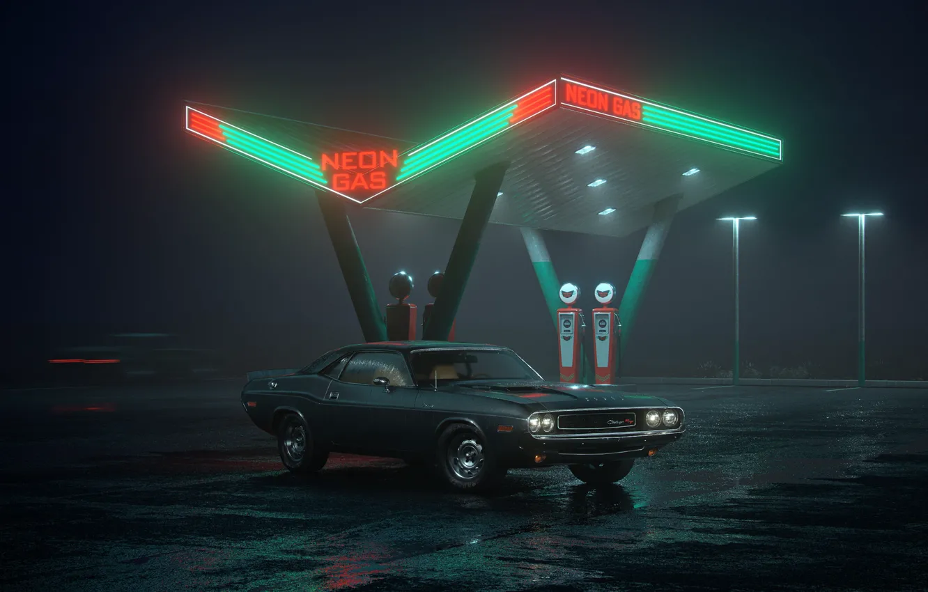 Photo wallpaper car, Dodge, Challenger, night, neon, R/T, gas station, Neon Gas