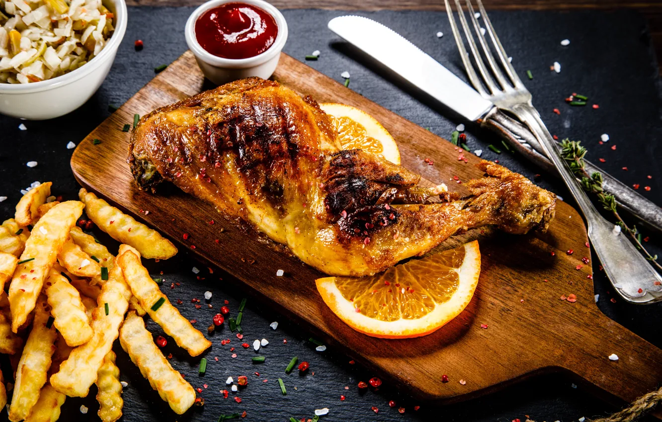 Photo wallpaper food, meat, sauce, French fries, cutting Board, chicken leg, baked