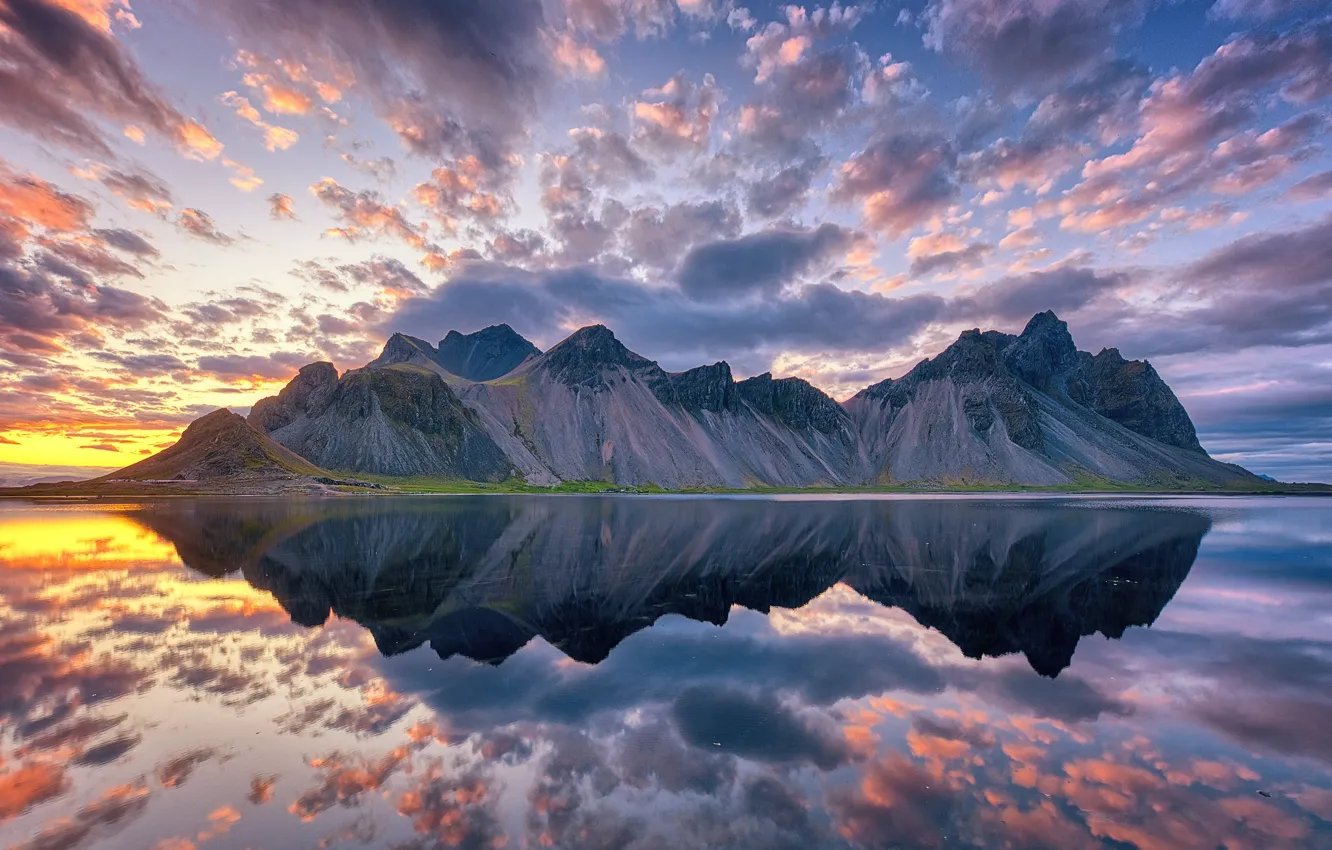 Photo wallpaper clouds, light, mountains, reflection, rocks, shore, Iceland, pond