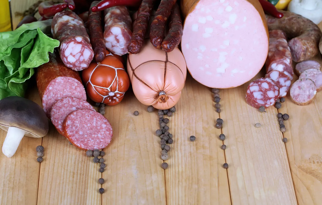 Photo wallpaper sausage, sausage, spices