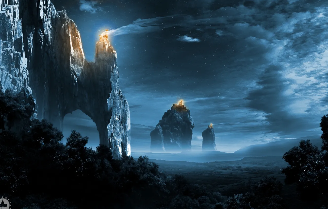 Photo wallpaper forest, the sky, stars, clouds, trees, mountains, night, rocks