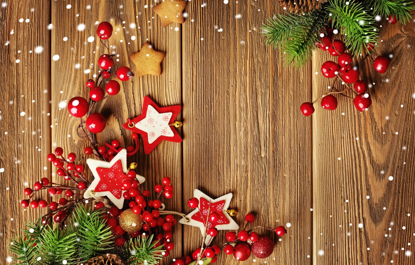 Photo wallpaper snow, decoration, balls, New Year, Christmas, Christmas, Xmas, cookies