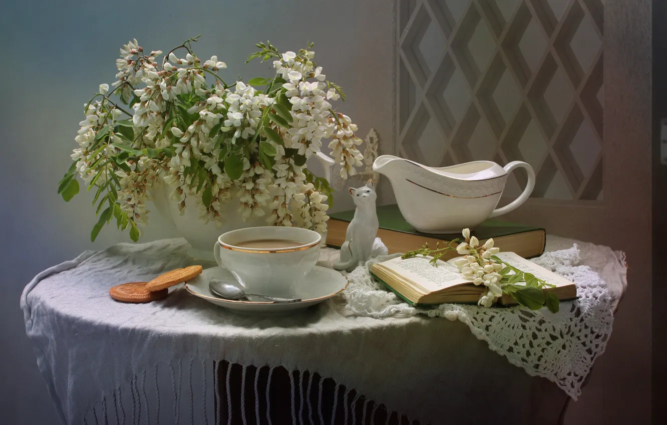 Photo wallpaper flowers, tea, still life
