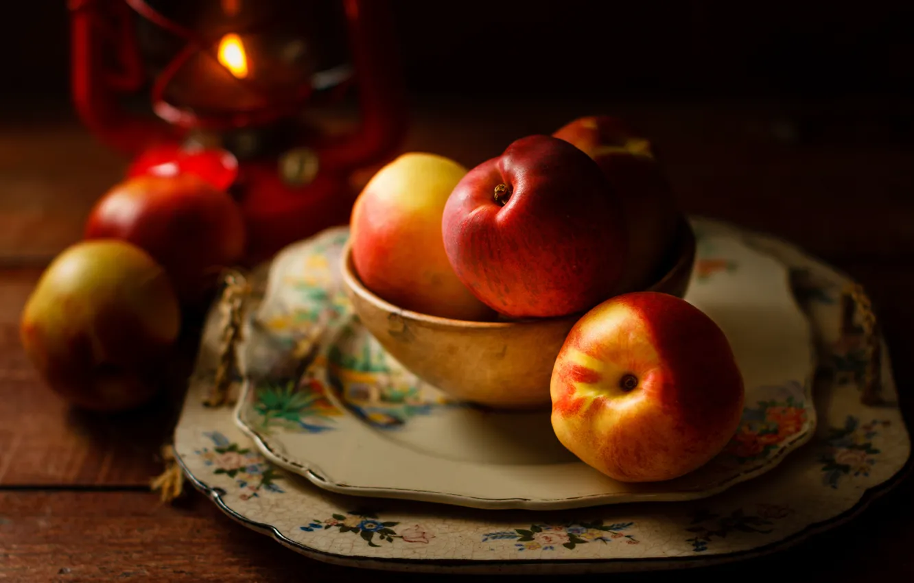 Photo wallpaper candle, plates, dishes, fruit, nectarine