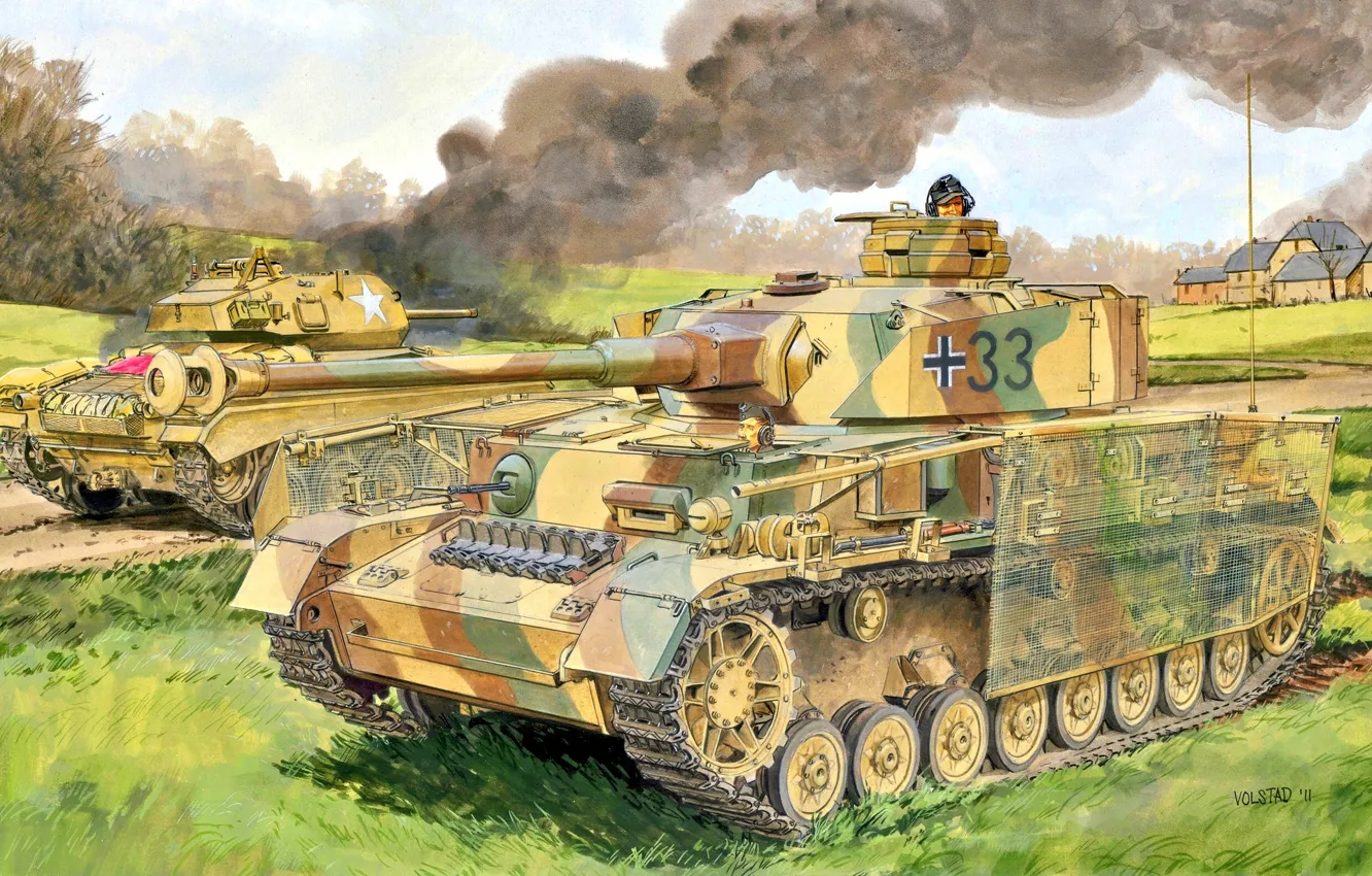 Photo wallpaper Smoke, tanker, US Army, The second World war, Tank weapon, Chaffee, Pz.Kpfw IV Ausf J, …