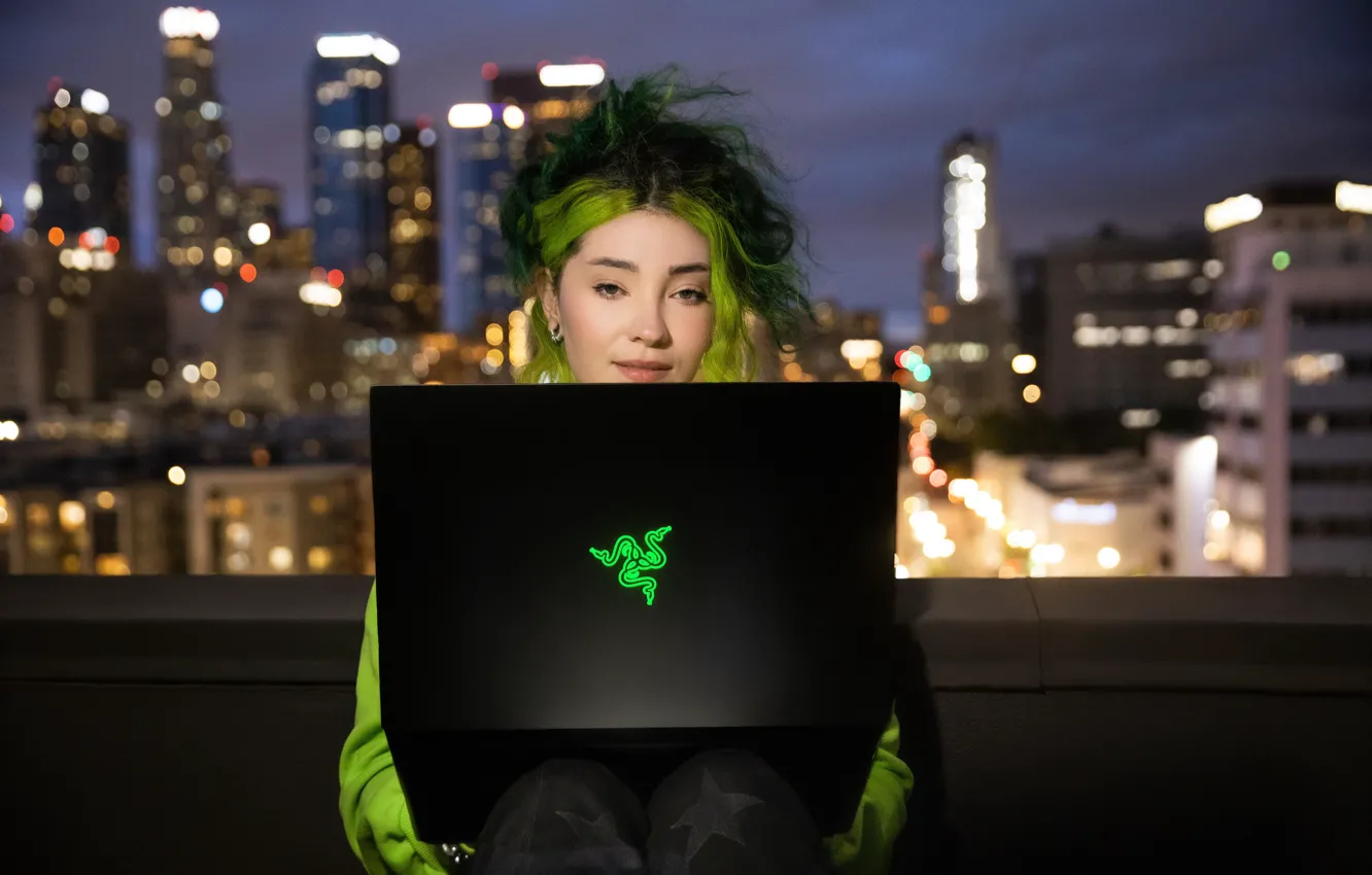 Photo wallpaper Girl, The evening, Skyscrapers, Laptop, Razer, Ultrabook, Gaming Laptop, Razer Blade 14