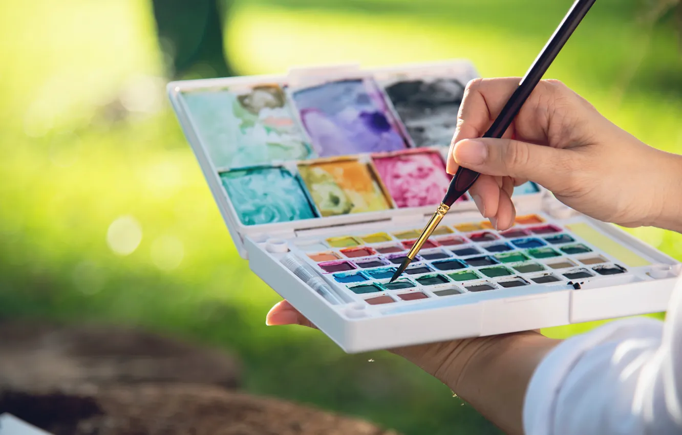 Photo wallpaper paint, hands, watercolor, painting, brush, drawing