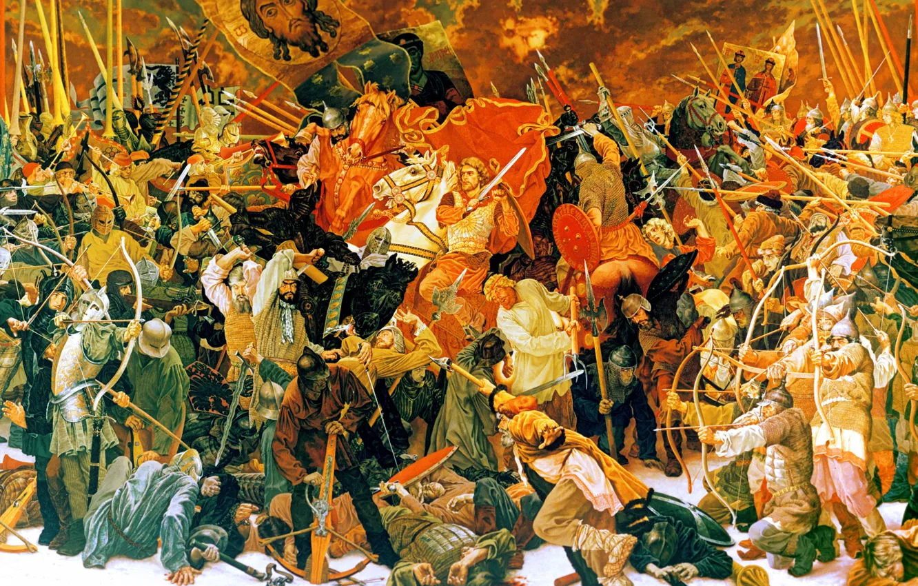 Photo wallpaper Picture, The battle, Warriors, Russian, Knights, Alexander Nevsky, Sergey Prisekin, Soviet and Russian painter