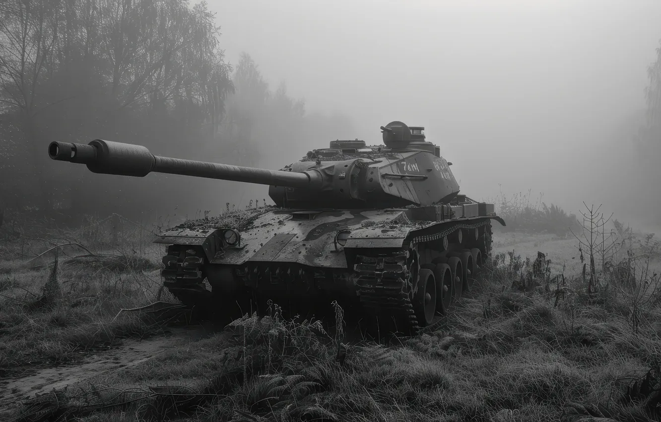 Photo wallpaper fog, tank, black and white, digital art, AI art, The Art of Artificial Intelligence, neural …