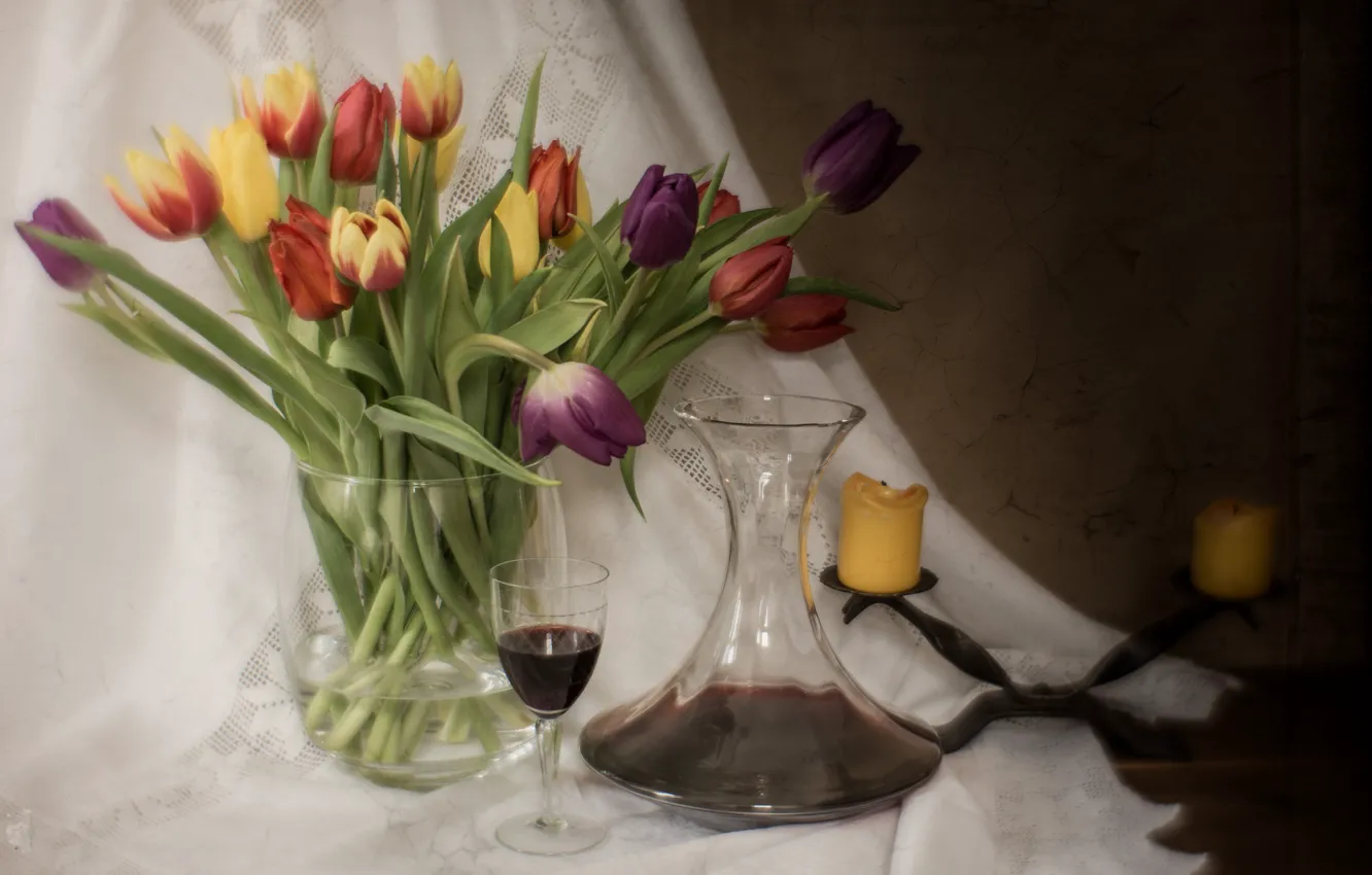 Photo wallpaper flowers, wine, bouquet, tulips, decanter
